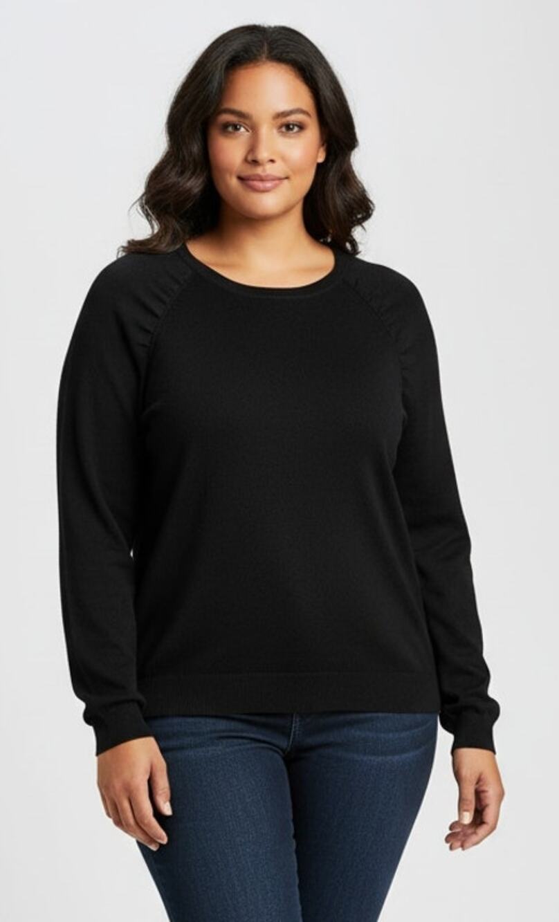 Eloquii Women 4x 26/28 Black Knit Lightweight Ruched Detail Long Sleeve Sweater